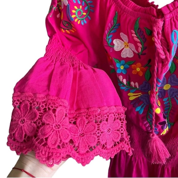 Mexican Embroidered Pink Elastic Waist 3/4 Sleeves Crochet Cotton Mini Dress S/M - Picture 10 of 12
